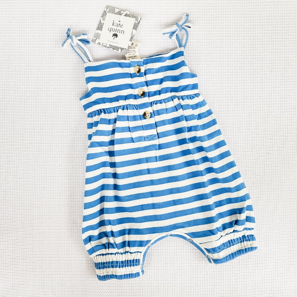 Kate Quinn Gathered Smock Tie Jumpsuit Mediterranean Stripe 0-3 Months Organic - Picture 4 of 10